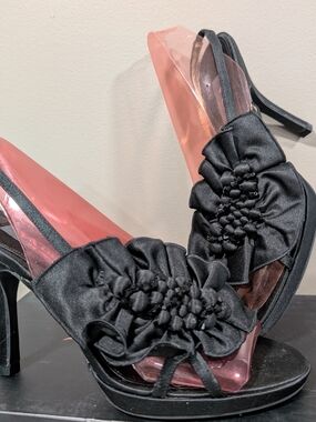 Nina Black Satin Peep-Toe Slingback Heels with Rosette